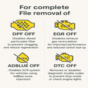 JRCOBDTOOLS Complete Emission System Disable – AdBlue OFF, EGR OFF, DPF OFF & DTC OFF for improved engine performance and error prevention. Checksum correction needed before flashing.